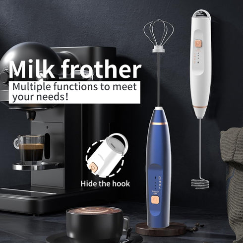 Milk Frother Handheld Foam Maker with 2 Stainless Stirring Head 3 Speed Rechargeable Electric Blender Milk Frother Wand Drink Mixer for Cappuccino...