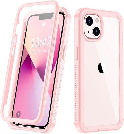 iPhone 13 Full Body Bumper Case, Anti-Scratch Screen Protector, Slim, Shockproof, Dustproof, Lightweight, Pink...