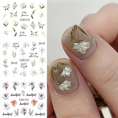 12 Sheets Lily Flowers Nail Stickers Water Transfer Decals Slider Nail Art Decorations White Flower Green Leaf Geometric Line Sliders Spring Flora...