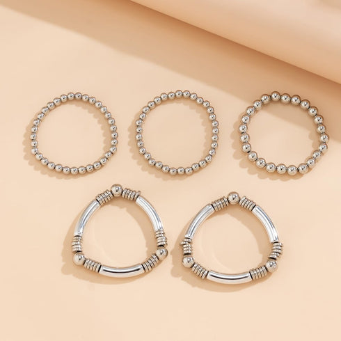 Jumwrit 5pcs Layered Beaded Bracelets Set for Women Dainty Stretch Elastic Round Ball Beads Chain Tube Bangle Bracelets Boho Stackable Bracelets T...