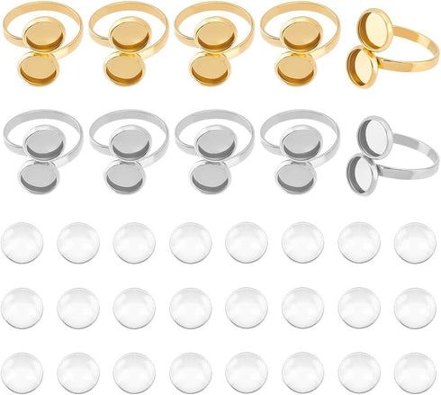 UNICRAFTALE 10Pcs DIY Blank Dome Cuff Ring Making Kit 304 Stainless Steel Bezel Cup Cuff Ring Settings Round Ring Blanks Settings Frame Double Tra...