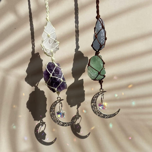 Handmade Crystal Window Car Hanging Ornaments Rear View Mirror Car Decor Raw Stone Healing Crystals Moon and Star Decorative Car Accessories (Cele...