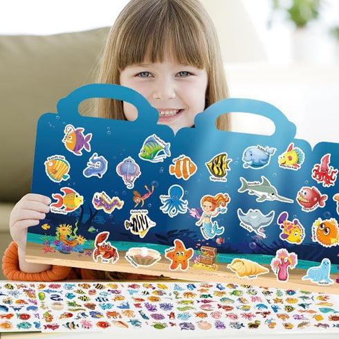 214 PCS Ocean Animals Reusable Sticker Books for Kids, 6 Sheets Reusable Stickers for Toddlers, Cute Waterproof Toddler Stickers Age 3+, Window Cl...