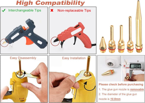 5Pcs Glue Gun Copper Nozzle Hot Glue Gun Tips with O-ring, Small Bore Long Tube Nozzles Thread Interchangeable Nozzle Set for Hot Melting Glue Gun...