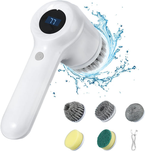 Electric Spin Scrubber Bathroom Cordless Electric Cleaning Brush with 5 Replaceable Heads Handheld Powerful Cleaning Brush with LED Display for Cl...