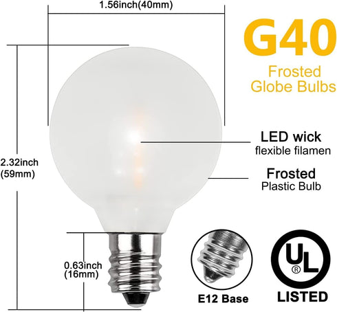 Abeja G40 LED Frosted Light Bulbs, 0.6W Shatterproof Plastic LED Bulbs, Frosted Globe Light Bulbs Fits C7/E12 Candelabra Base, for Outdoor String ...