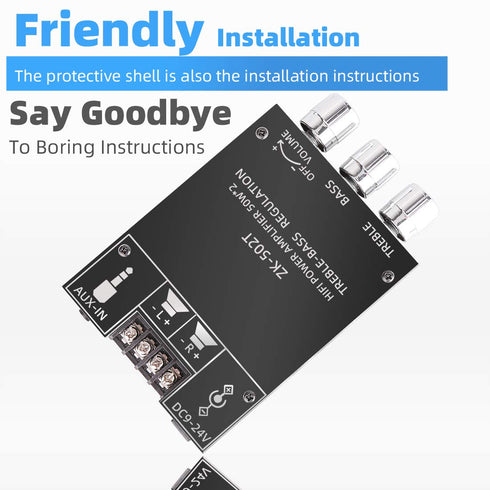 ZK-502T Bluetooth Amplifier Board with Treble and Bass Control, TPA3116D2 50W x 2, DC:9-24V, Bluetooth 5.0 AMP Board for Home Passive Speakers...