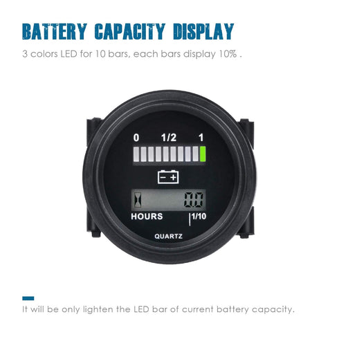 Runleader 12V/24V 36V 48V 72V Battery Fuel Gauge Meter,Battery Level Meter,Resettable TOT Hours,Lead Acid Battery Applicably(But Not Trojan),for G...