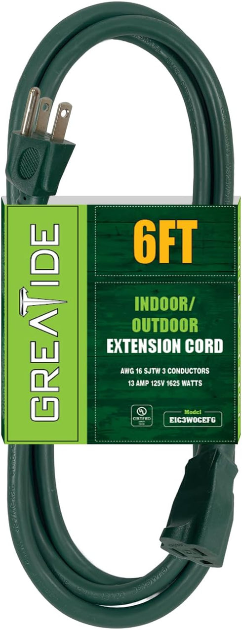 6 Ft Outdoor Extension Cord for Christmas Decorations- 16/3 SJTW Waterproof Power Cable with 3 Prong Grounded Plug, Green...