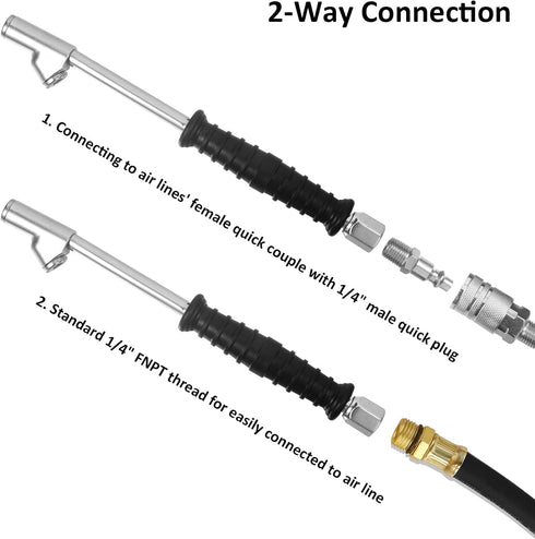 1/4 FNPT Dual Head Air Chuck for Tires, 2-Way Connection 9.4'' Extended Air Chuck with Rubber Handle, Tire Chuck for Cars, Trucks, Buses, Tractors...