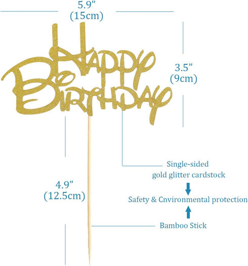 Gold Happy Birthday Cake Topper - Golden Glitter Birthday Party Cake Decoration Supplies, Cake Smash Decoration Photo Booth Props, Gold Paper Cake...