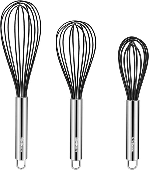 NileHome Whisk Commercial Whisks Stainless Steel & Silicone Non-Stick Coated Small Whisk Set 8" 10" 12" Kitchen Wisk Wire Whisks for Cooking 3 Pac...