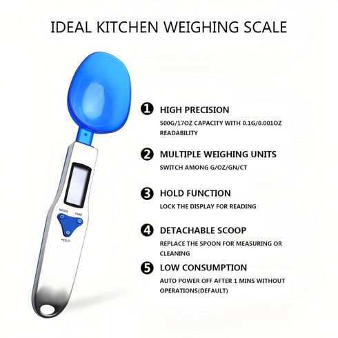 Yoidesu Digital Kitchen Scale, Electronic Gram Measuring Spoon, 500g/0.1g Blue Cute Digital Weight Scale Spoon with 3 Measuring Spoons for Portion...