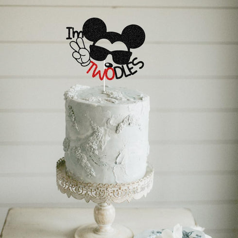 Mouse Inspired I'm Twodles Cake Topper, Mouse Cartoon Theme Baby Boys 2 Years Old Cake Decor, Baby Boys 2nd Birthday Party Decorations Supplies...