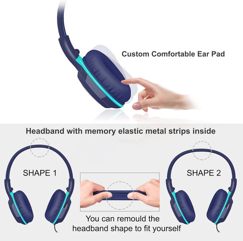 SIMOLIO Headphones Wired for Kids School Travel, Safe Volume 85dB/94dB/104dB, Over-Ear Boys Headphones with Microphone & Shareport, Foldable Sturd...