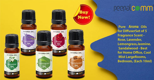 100% Pure Aroma Oils for Diffuser Set of 5 Fragrance Scent - Rose, Lavender, Lemongrass, Jasmine, Sandalwood - Best for Home Office, Cool Mist Lar...