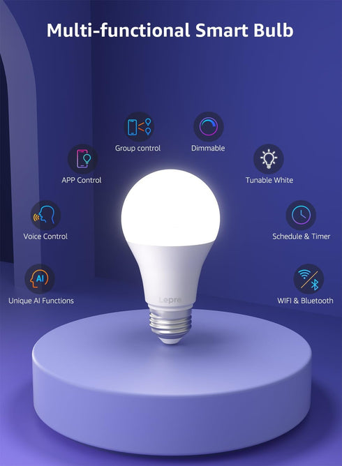 Lepro B1 AI Smart Light Bulbs - WiFi & Bluetooth RGBWW Color Changing LED Bulb Compatible with Alexa & Google Assistant, AI Generated Lighting LLM...