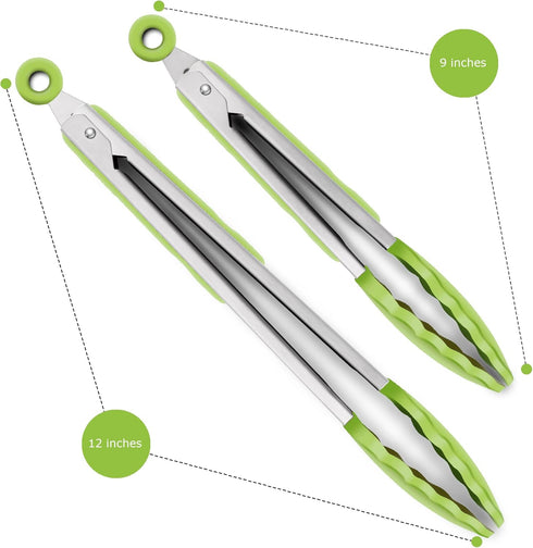 Premium Silicone Set of 2 Cooking Tongs, 9-Inch & 12-Inch BPA Free Non-Stick Stainless Steel BBQ Grilling Locking Food Tong, Light Green...