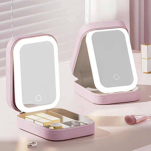 Travel Makeup Bag With Led Mirror,Small Makeup Organizer With Light,Pink Beautifect Box Portable Makeup Bag Make Up Case, Gift For Girl&Lady (Pink...