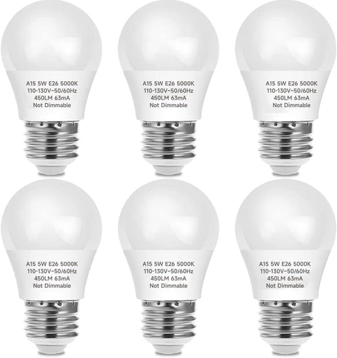 LED Refrigerator Light Bulb, 40 Watt Equivalent LED Appliance A15 Light Bulb 5000K Daylight for Fridge, E26 Base, Non-Dimmable, 6-Pack...