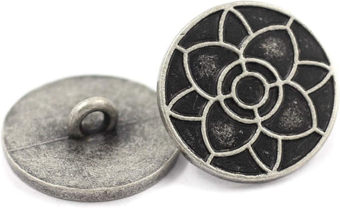 Bezelry 12 Pieces Lotus Blossom Metal Shank Buttons. 20mm (3/4 inch) (Antique Silver)...