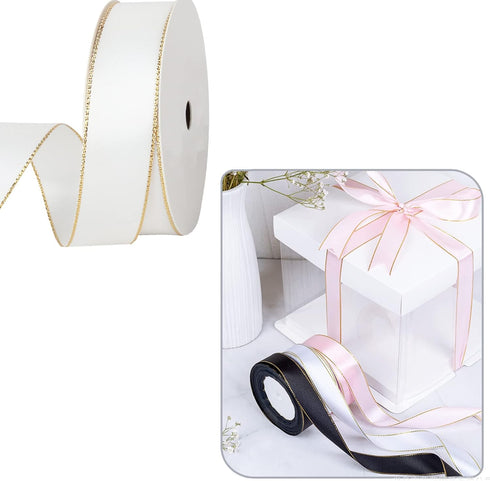 VIVIQUEN White Double Faced Satin Ribbon with Gold Edge, 1” Polyester Continuous Ribbon -25 Yards,Wide Ribbon for Gift Wrapping,Wedding,Bows Bouqu...