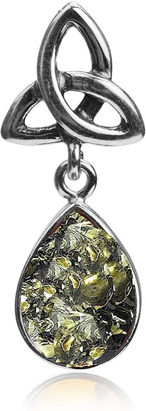 Green Amber Sterling Silver Celtic Drop Pendant...
