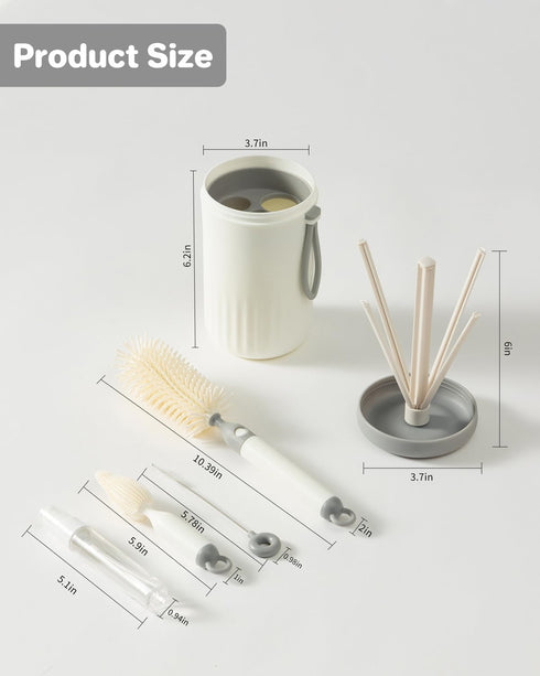 Travel Bottle Cleaner Kit, 6-in-1 Baby Bottle Brush with Silicone Bottle Brush, Nipple Brush, Straw Brush, Drying Rack, Dispenser, Organizer, Baby...