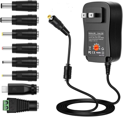 30W Universal AC/DC Adapter Switching Power Supply with 8 Selectable Adapter Tips, for 3V to 12V Household Electronics and LED Strip - 2000mA Max...