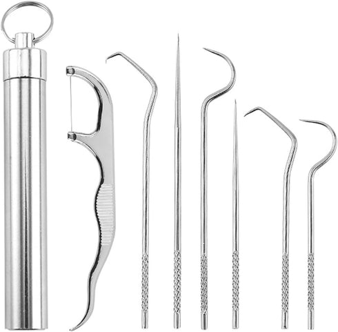 Dental Teeth Pick 7 Pack Stainless Steel Toothpick Kit Dental Tools Tooth Stains Remover Dental Floss Ficks Teeth Cleaning Tools with Holder for f...