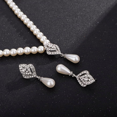 Pearl Bridal Necklace Earrings Set Sliver Rhinestone Necklaces Crystal Bride Choker Necklace Accessories for Women and Girls...