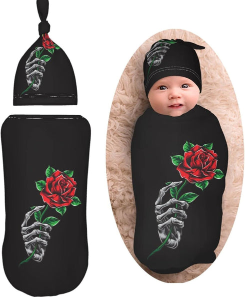 Skeleton Hand Holding Rose Newborn Swaddle Blanket Soft Unisex Infant Swaddle Wrap Blanket Baby Receiving Blanket with Beanie Hat for Boy and Girl...