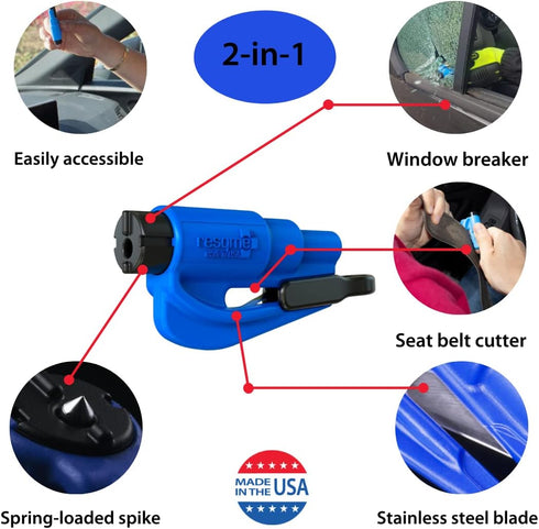 resqme The Original Emergency Keychain Car Escape Tool, 2-in-1 Seatbelt Cutter and Window Breaker, Made in USA, Family Pack of 3, Red, Blue, Yello...