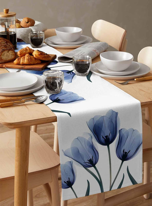 Floral Table Runner-Blue Tulip Cotton Linen-Long 72 inche Dresser Scarves,Flower Rustic Tablerunner for Kitchen Coffee/Dining Table Bedroom Home L...