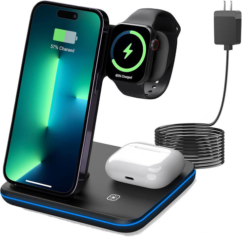 Wireless Charger, Criacr 3 in 1 Wireless Charging Station for Apple iPhone 15/14/13/12/11/Pro/Max/XS/XR/X/8/Plus, iWatch, AirPods 3/2/Pro,Travel C...
