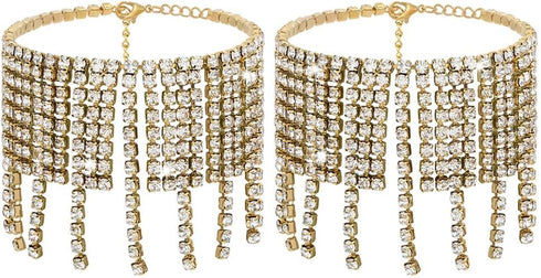 ELABEST Boho Tassels Ankle Bracelet Crystal Anklets 2Pcs Glitter Rhinestone Tennis High-heeled Foot Chain Wedding Body Jewelry Accessories for Wom...