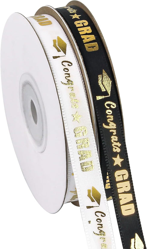 2 Rolls 50 Yards Graduation Ribbon 3/8 Inch Wide, Congrats Grad Gold Satin Ribbon for Gift Wrapping Class of 2024 Graduation Party Decorations DIY...