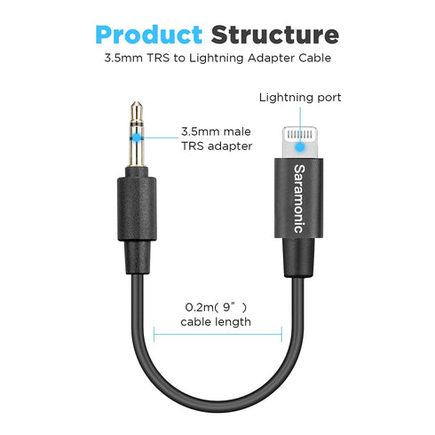 Saramonic 3.5mm Male TRS to Apple MFi Certified Male Lightning Microphone Adapter Cable (7.8in) for iPhone iOS Devices...