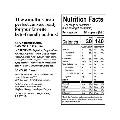 King Arthur Baking Keto Muffin Mix, All Purpose, 1g Net Carbs 0g Added Sugar Per Serving, Low Carb & Keto Friendly, 10 oz, White...