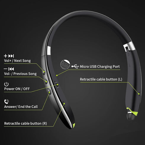Bluetooth Headset, 2024 Upgraded Neckband Bluetooth Headphones with Retractable Earbuds, Noise Cancelling Stereo Earphones with Mic, Foldable Wire...