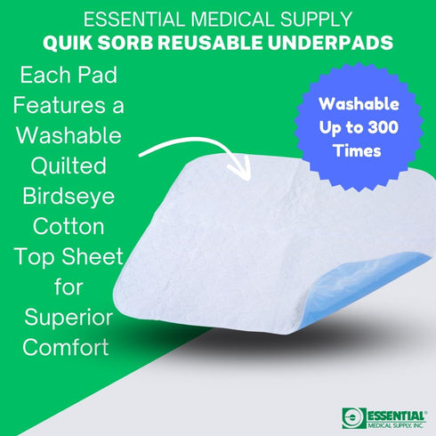 Essential Medical Supply Quik-Sorb 24" x 35" Quilted Birdseye Cotton Reusable Underpad - Waterproof Incontinence Bed Pads for Adults, Washable and...