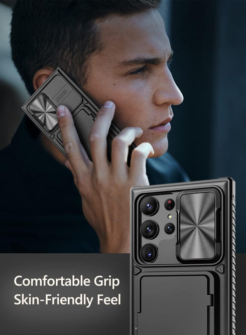 Vihibii Case with Card Holder (4 Cards) & Sliding Camera Cover & Kickstand, Shockproof Rugged Hard Back & TPU Edge Wallet Case for Samsung Galaxy ...