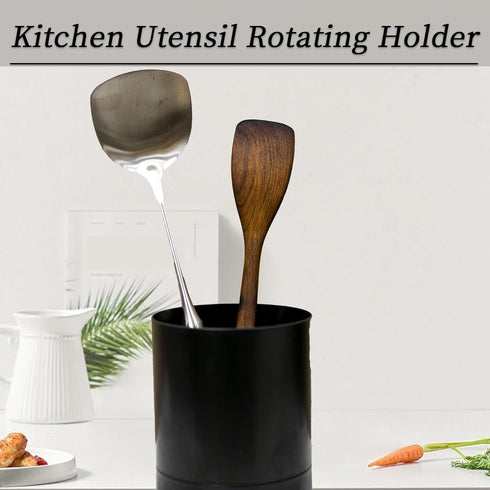 Large Kitchen Utensil Holder, 360° Rotating Plastic Utensil Caddy, Kitchen Countertop Utensil Kitchen Tools and Gadgets Organizer-Black 5.7" D x 6...