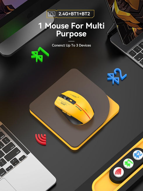 Bluetooth Wireless Mouse - (BT1/BT2+USB Receiver) Tri-Device Compatibility for PC, Laptop, Computer, MacBook, Tablet (Black and Yellow)...