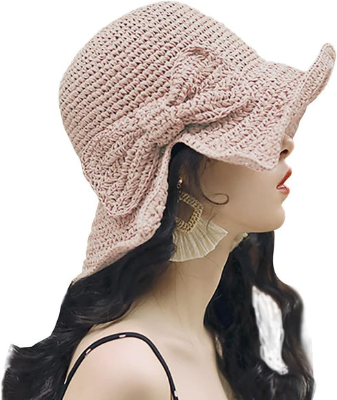 Foldable Wide Brim Floppy Straw Beach Sun Hat,Summer Cap with Bowknot for Women Girls,Strap Adjustable...