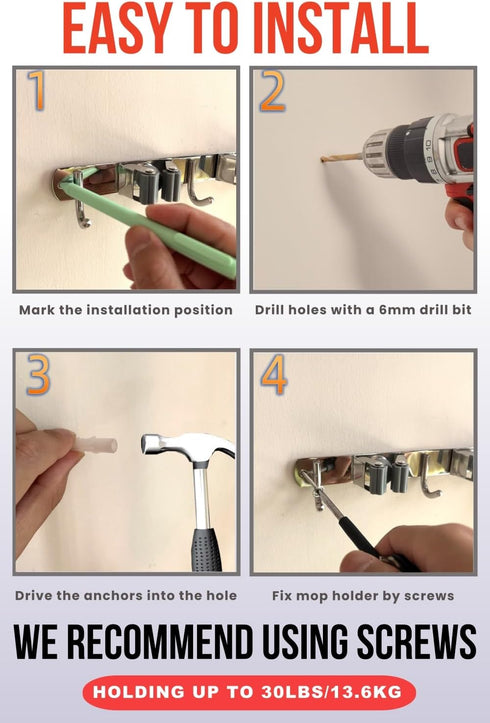 Mop and Broom Holder Wall Mount, Upgraded Broom Hanger Wall Mount, Stainless Steel Broom Organizer for Closet Garage Laundry Room Kitchen Wall Dec...