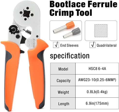 iCrimp Square Self-Adjustable Crimping Tools for AWG23-10 Bootlace End-Sleeves Ferrule, Ratcheting Wire Crimping Plier...