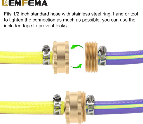 4 Sets 1/2 Inch Solid Brass Garden Hose Connector Repair Kit,Water Hose Mender Female Male Hose Coupling with Stainless Steel Clamp, Tape and Rubb...