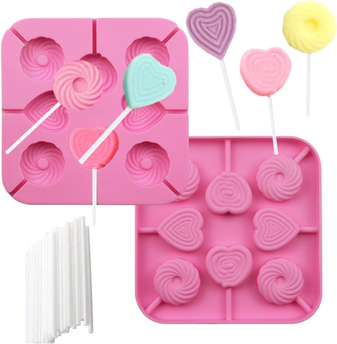 2Pcs Love heart Lollipop Candy Molds 8-Cavities Food Grade Heart Silicone Lollipop Molds Chocolate Hard Candy Molds including Heart, Round with 40...