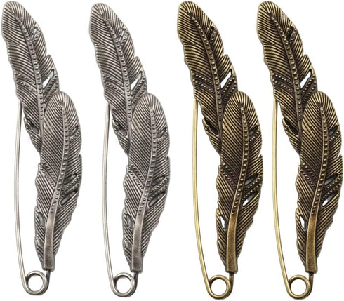 2 Pc Antique Silver Large Feather Durable Strong Metal Kilt Scarf Brooch Safety Pin...